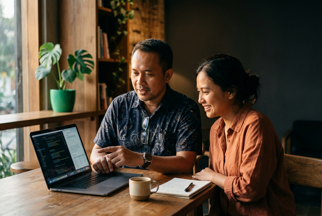 Dua rekan Indonesia bekerja bersama di depan laptop dalam cahaya hangat