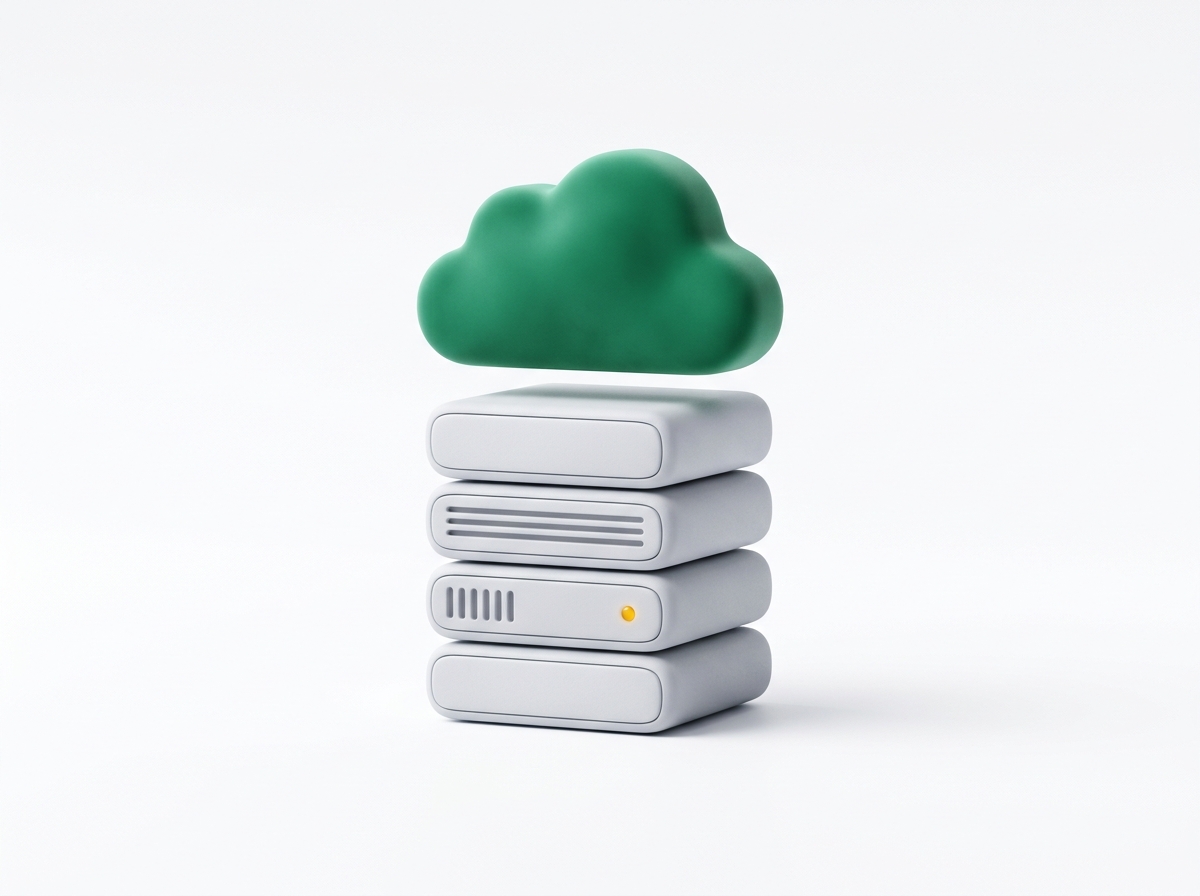 Tumpukan server minimalis dengan bentuk awan emerald di atas latar putih