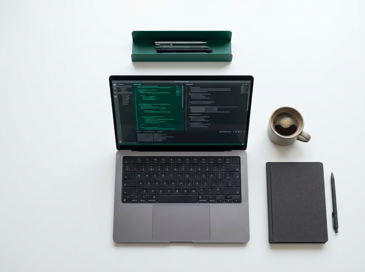 Meja kerja developer tenang dengan laptop dan kopi di atas latar putih