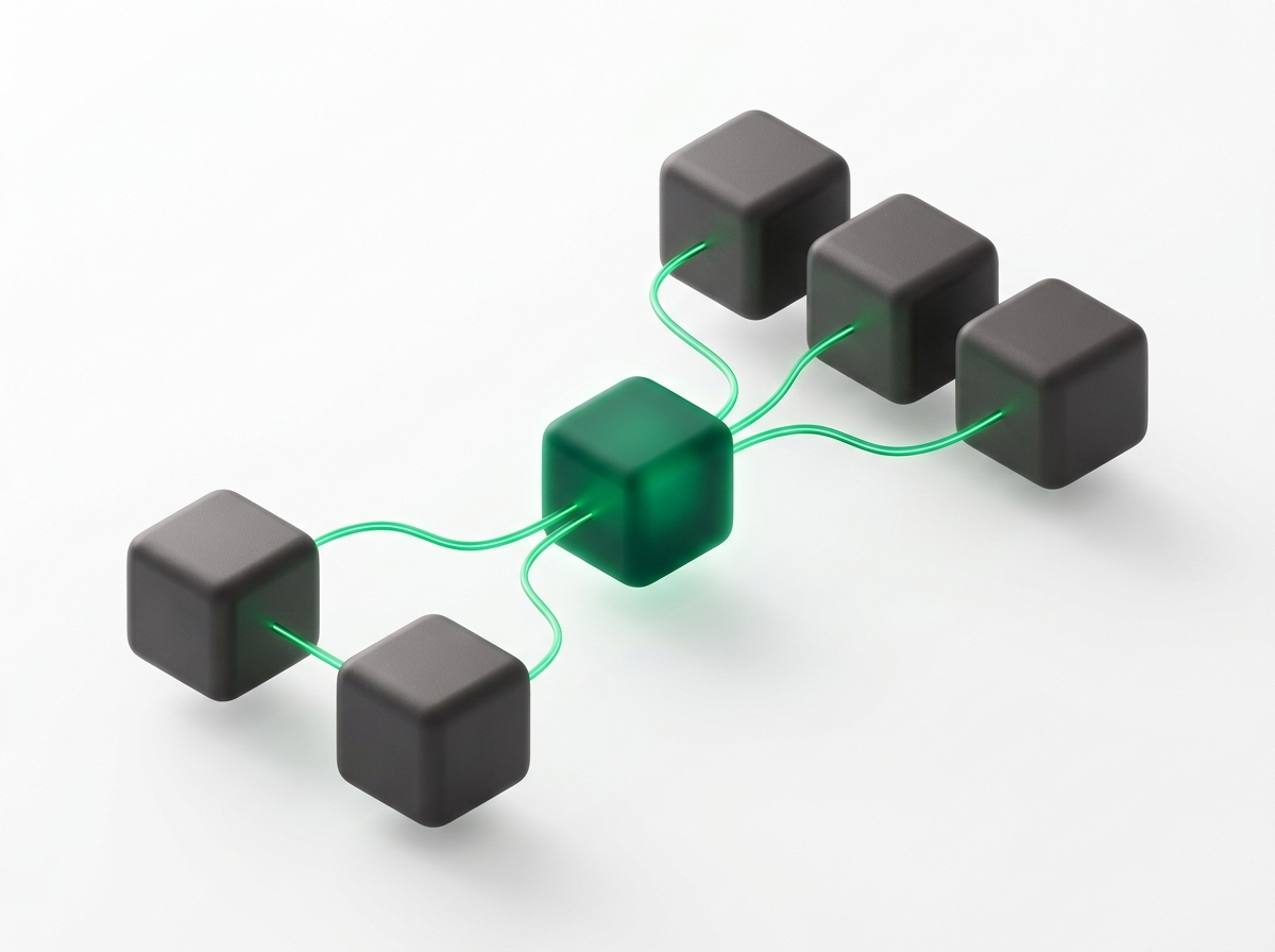 Modul-modul yang dihubungkan oleh garis emerald di atas latar putih
