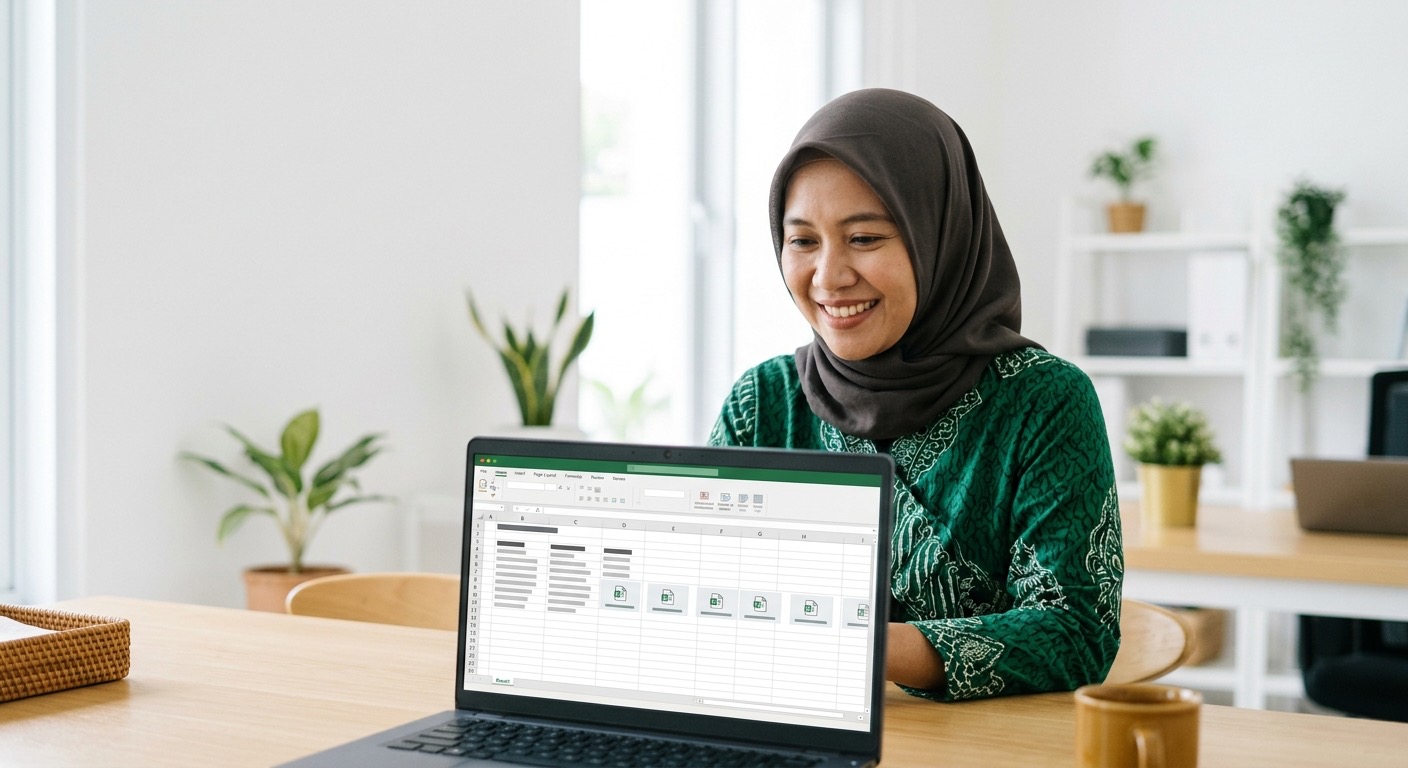 Panitia PPDB tersenyum meninjau daftar pendaftar yang rapi di laptop; ikon berkas terlampir terlihat.
