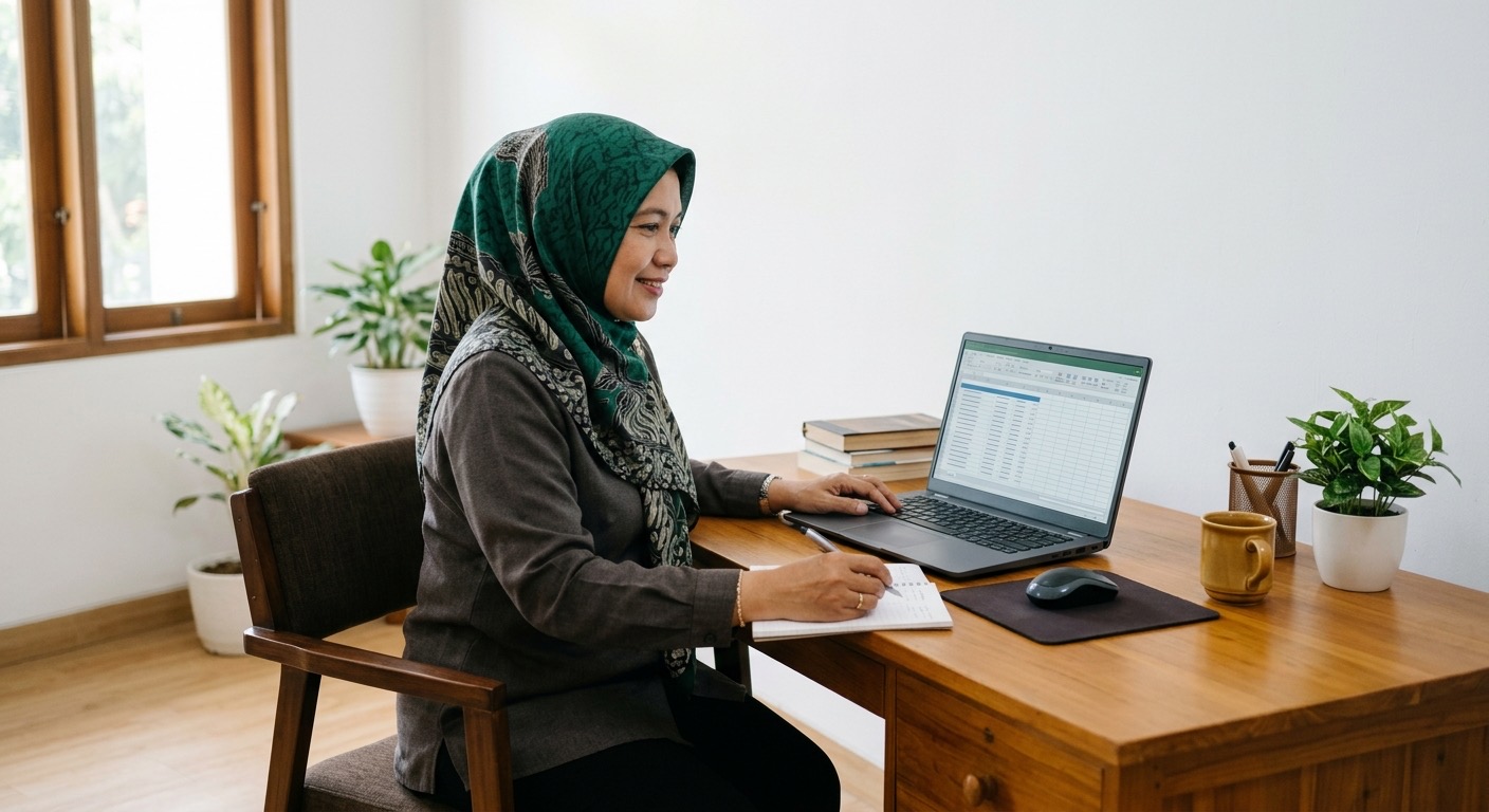 Panitia PPDB sekolah Indonesia meninjau pendaftar di laptop; suasana tenang dan rapi.