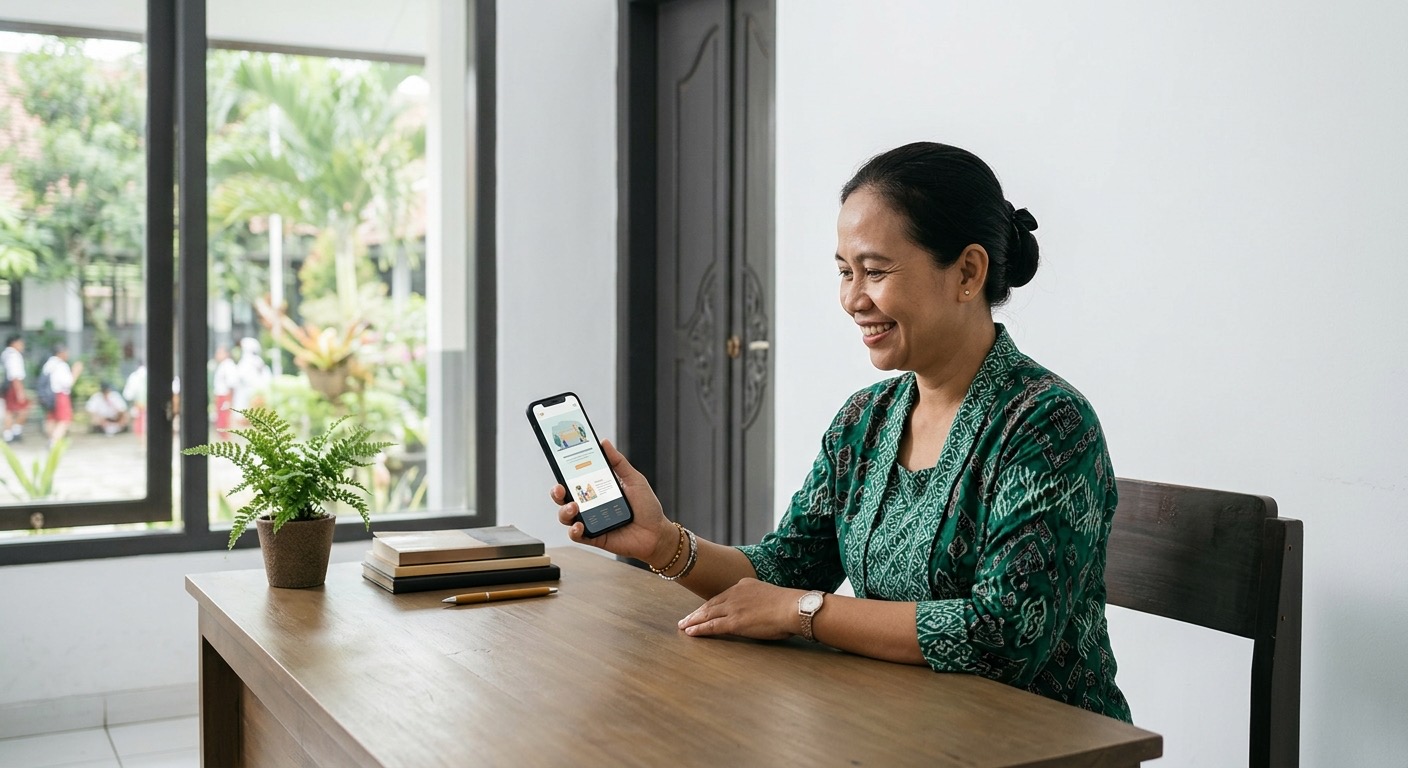 Staf sekolah tersenyum menerbitkan pengumuman di laptop; ponsel menampilkan notifikasi grup orang tua.