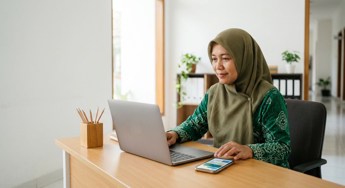 Staf sekolah Indonesia memperbarui kalender pengumuman di laptop; suasana tenang dan hangat.