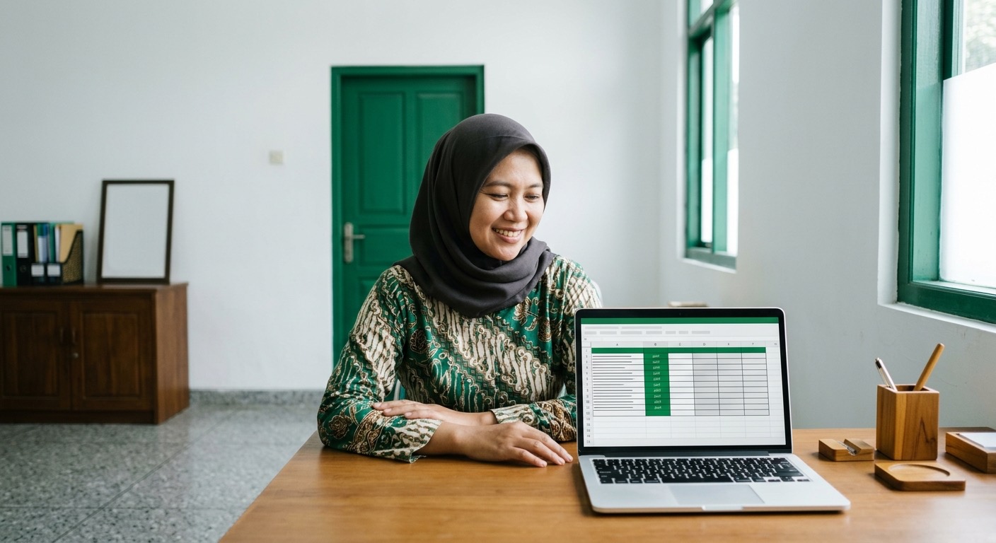 Bendahara sekolah tersenyum melihat daftar SPP yang rapi di laptop; layar ponsel menampilkan notifikasi pembayaran.
