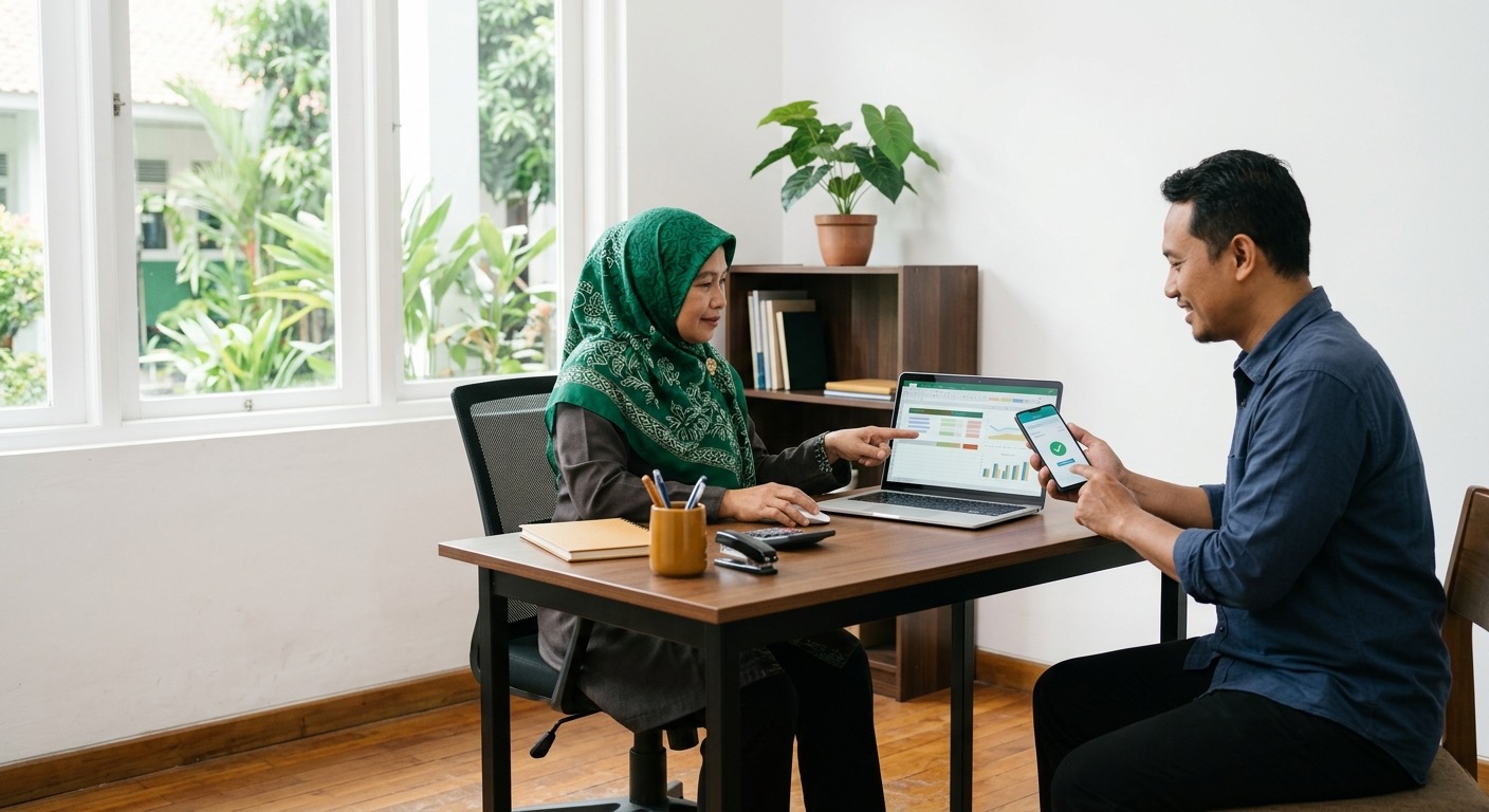 Bendahara sekolah Indonesia memeriksa daftar SPP di laptop; suasana tenang dan rapi.