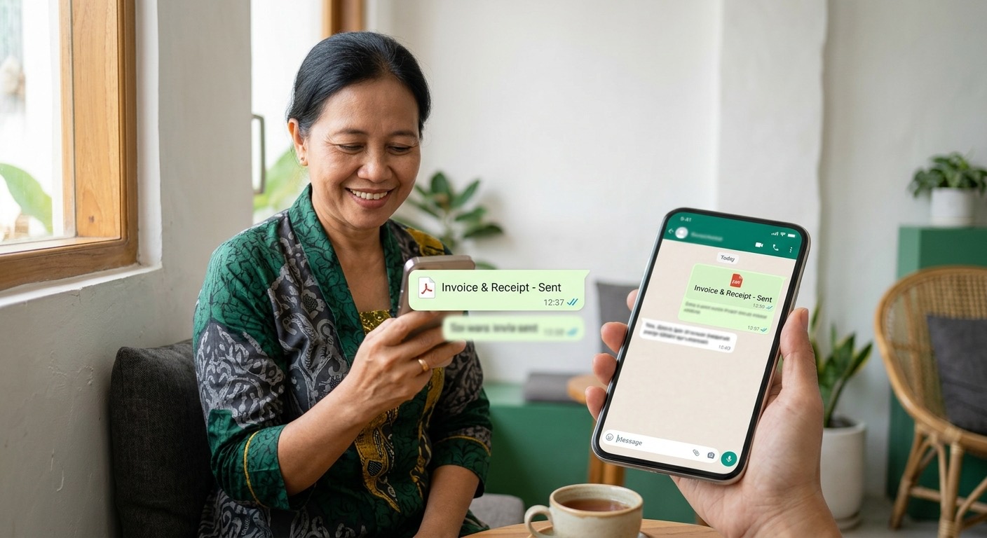Pemilik Indonesia tersenyum melihat faktur dan kuitansi terkirim di WhatsApp melalui ponsel.