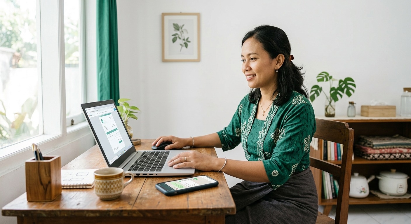 Pemilik UMKM Indonesia tenang mengirim tagihan dari laptop; ponsel menampilkan pesan faktur WhatsApp.