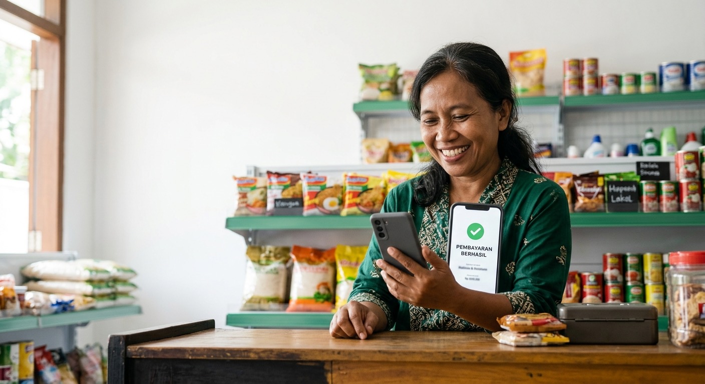 Pemilik toko Indonesia tersenyum melihat konfirmasi pembayaran real-time di ponsel.