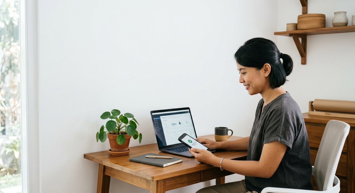Pemilik toko daring Indonesia di laptop dengan ponsel menampilkan notifikasi pembayaran.