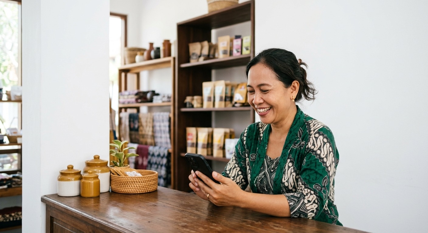 Pemilik toko Indonesia tersenyum membaca laporan penjualan harian yang rapi di ponsel.