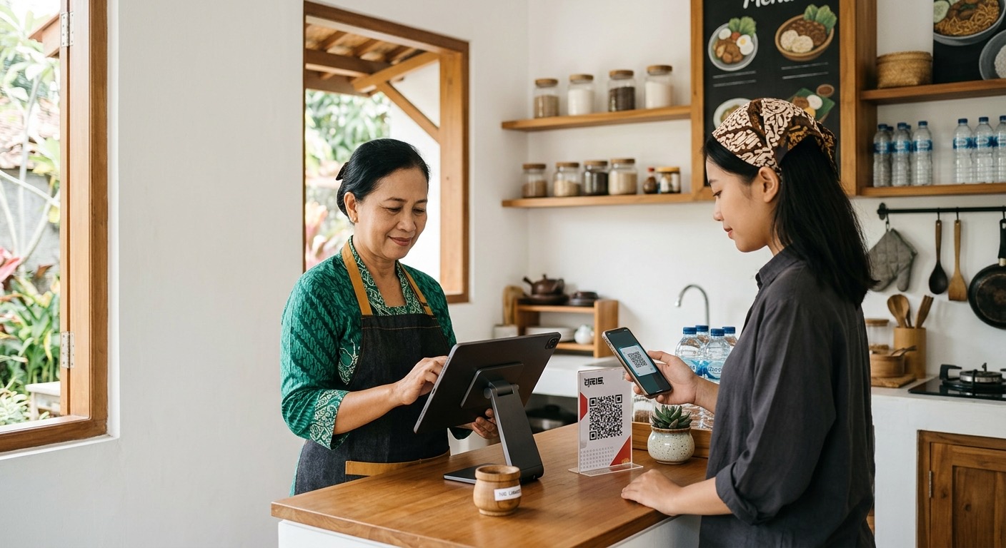 Pemilik warung Indonesia tenang menggunakan tablet POS rapi di kasir; pembeli membayar dengan scan QRIS dari ponsel.