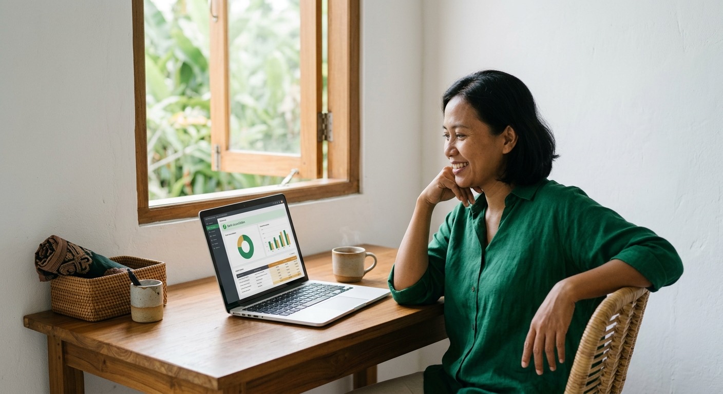 Pemilik Indonesia tersenyum melihat rekonsiliasi yang cocok di laptop, dengan satu selisih kecil disorot.