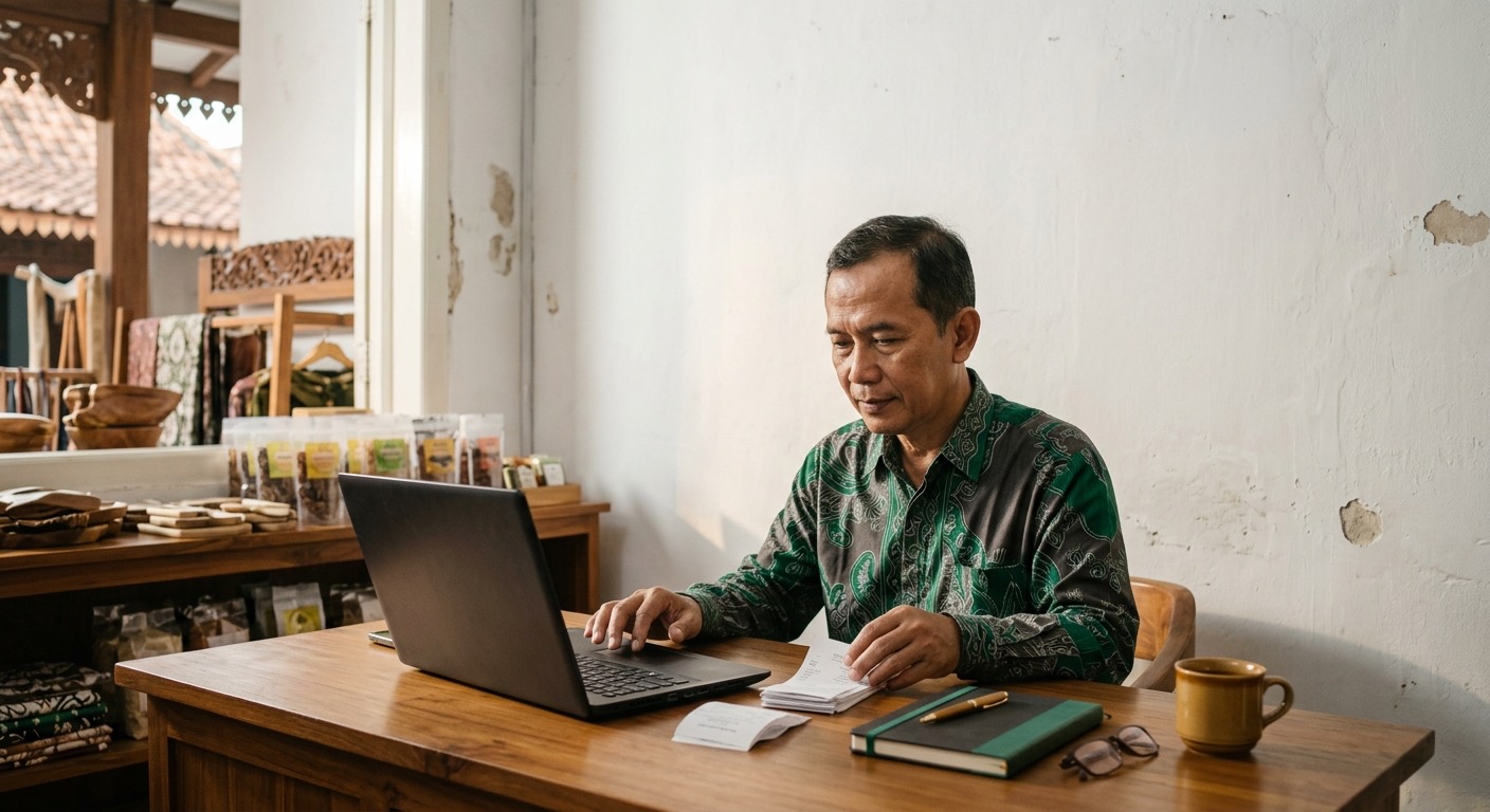Pemilik toko Indonesia tenang mencocokkan penerimaan kasir dengan mutasi bank di laptop.
