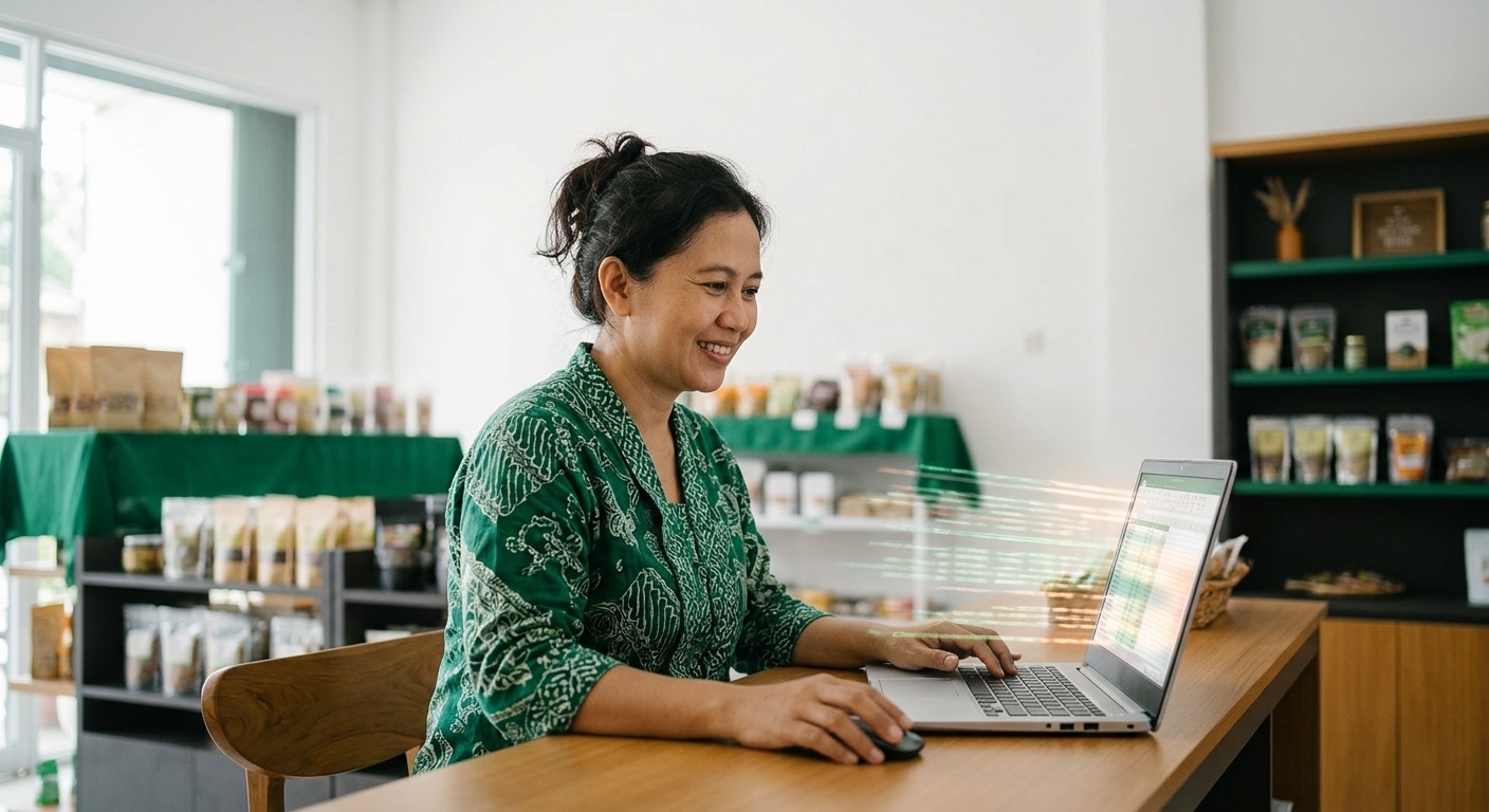 Pemilik toko Indonesia tersenyum melihat angka penjualan mengalir ke spreadsheet di laptop, tanpa diketik ulang.