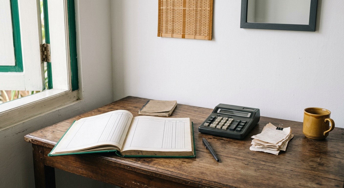 Meja kerja dengan kalkulator, kuitansi kertas, dan buku besar tulisan tangan terbuka berdampingan.
