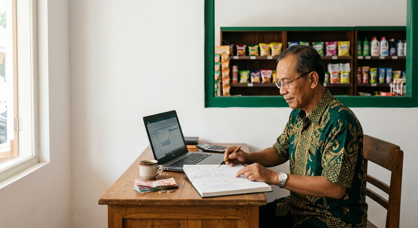 Pemilik toko kecil Indonesia di laptop meninjau pembukuan yang sesuai dengan kasir.