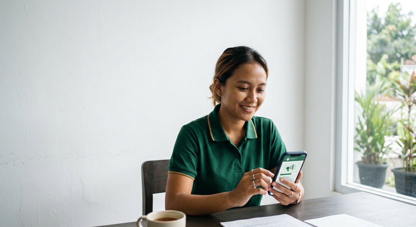 Staf Indonesia tersenyum saat layar ponsel menunjukkan siaran WhatsApp keluar ke banyak kontak.