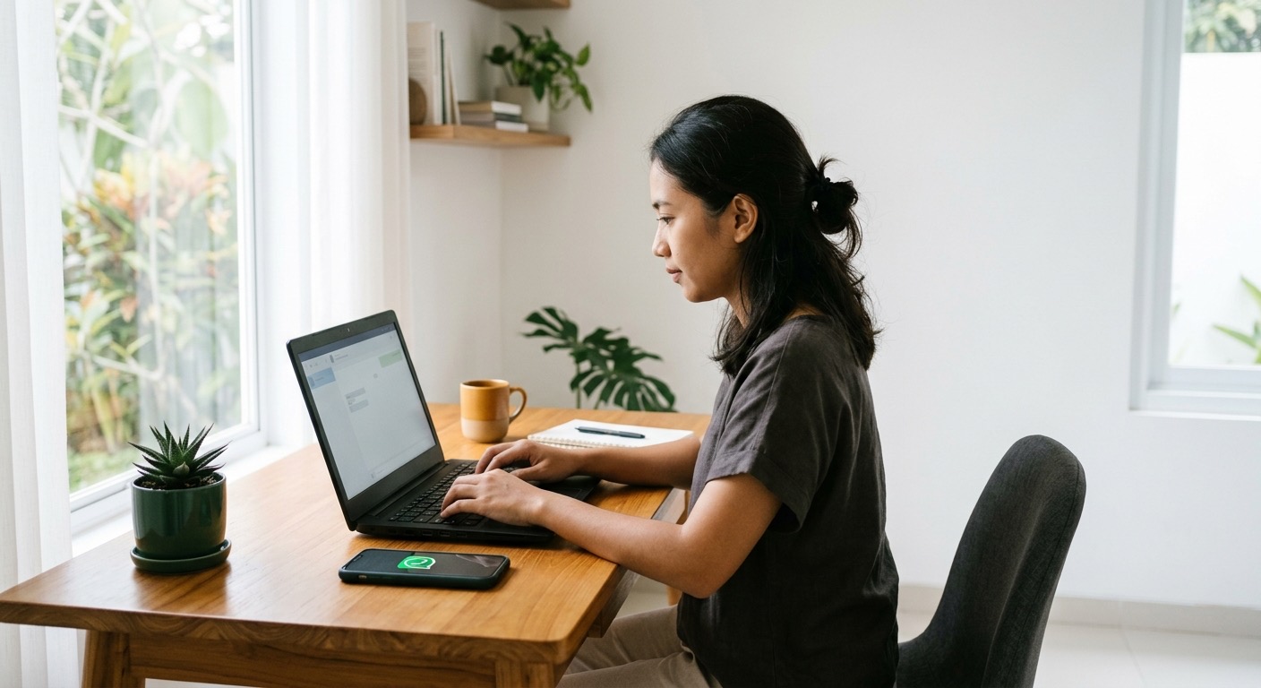 Staf instansi Indonesia menyusun pesan siaran di laptop; ponsel menampilkan notifikasi WhatsApp.