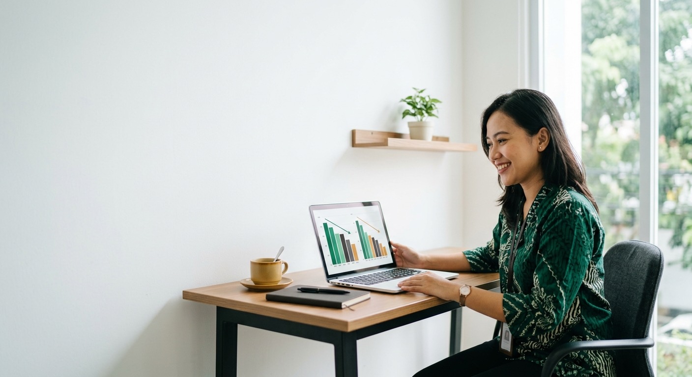 Staf Indonesia tersenyum melihat laptop yang menampilkan grafik batang pengaduan yang rapi.