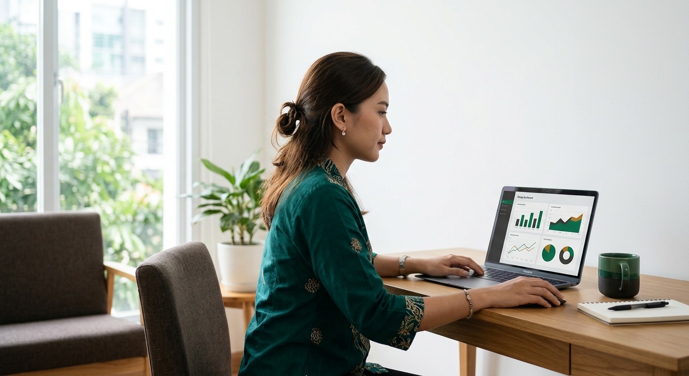 Staf instansi Indonesia melihat dashboard rekap bersih dengan grafik sederhana di laptop.