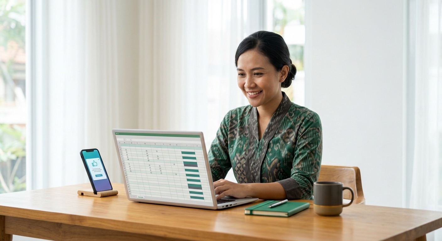 Bendahara Indonesia tersenyum meninjau spreadsheet yang rapi di laptop; ponsel menampilkan notifikasi formulir yang baru dikirim.