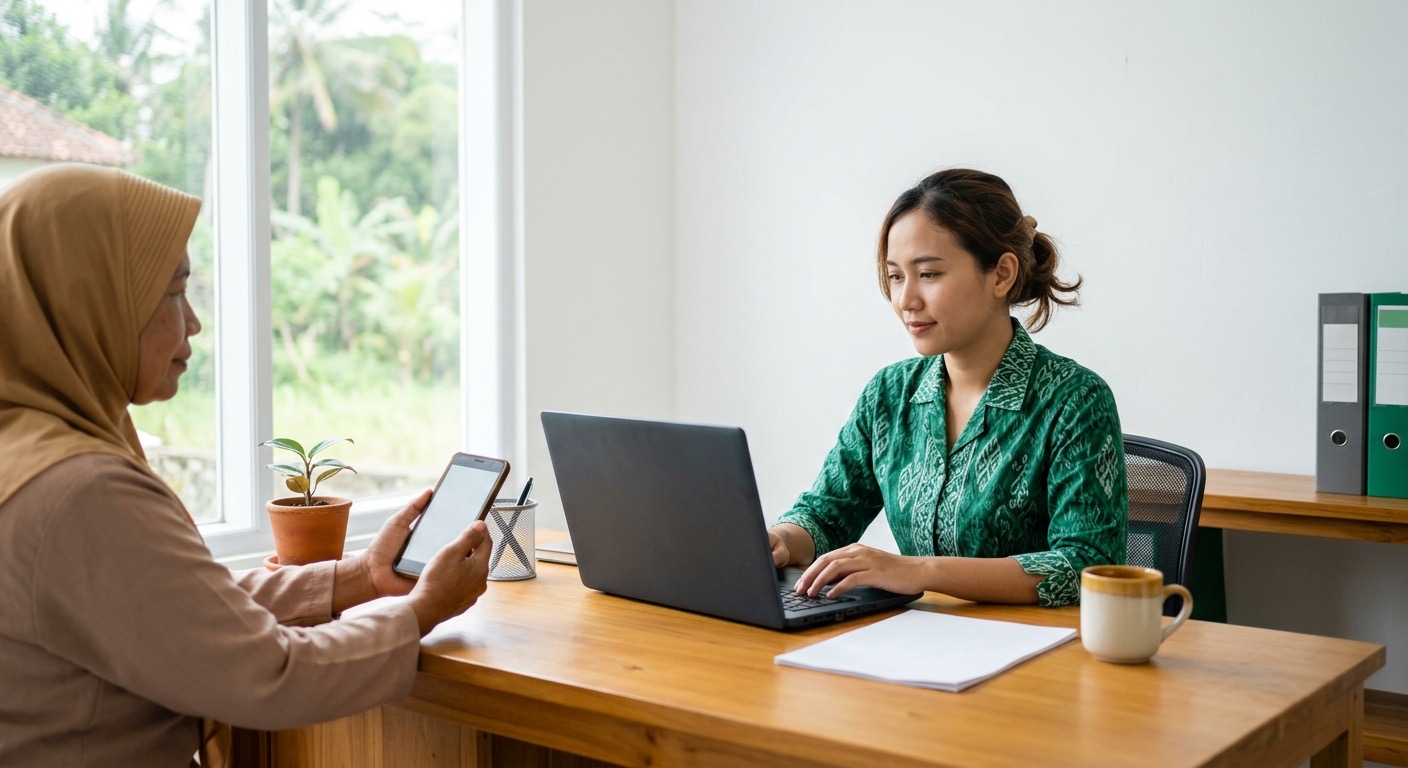 Staf instansi Indonesia mengisi formulir layanan online di laptop; seorang warga menunjukkan ponselnya.