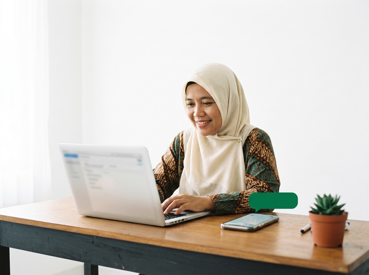 Staf kantor desa tersenyum menerbitkan pengumuman di laptop; ponsel menampilkan notifikasi WhatsApp.