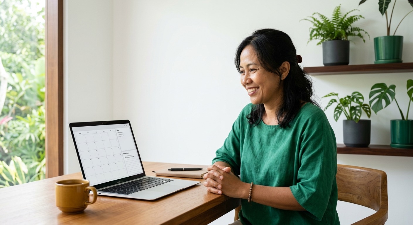 Resepsionis praktik tersenyum membuka kalender janji di laptop; ponsel menampilkan konfirmasi booking.