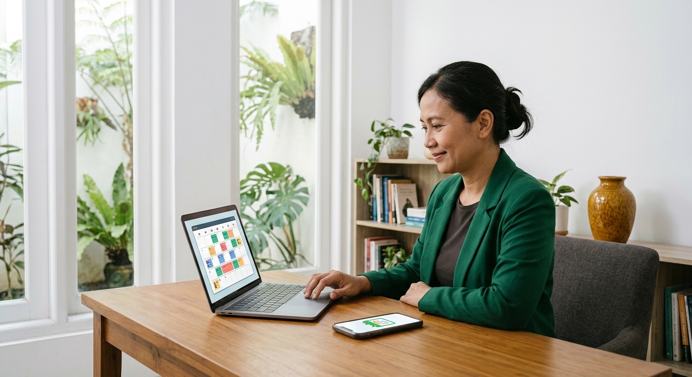 Dokter gigi Indonesia membuka jadwal janji di laptop; suasana tenang dan hangat.