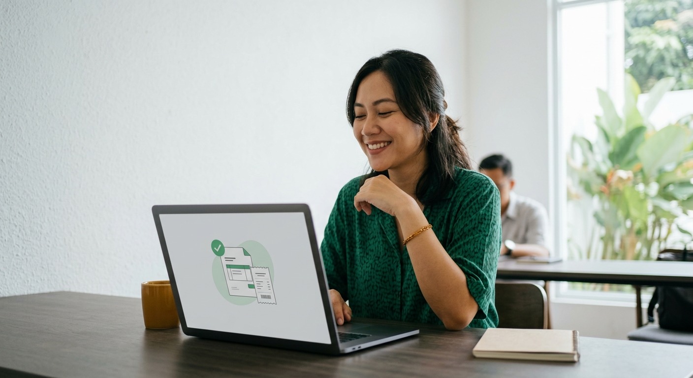 Praktisi tersenyum melihat daftar invoice di laptop; status pembayaran rapi dan tertandai.