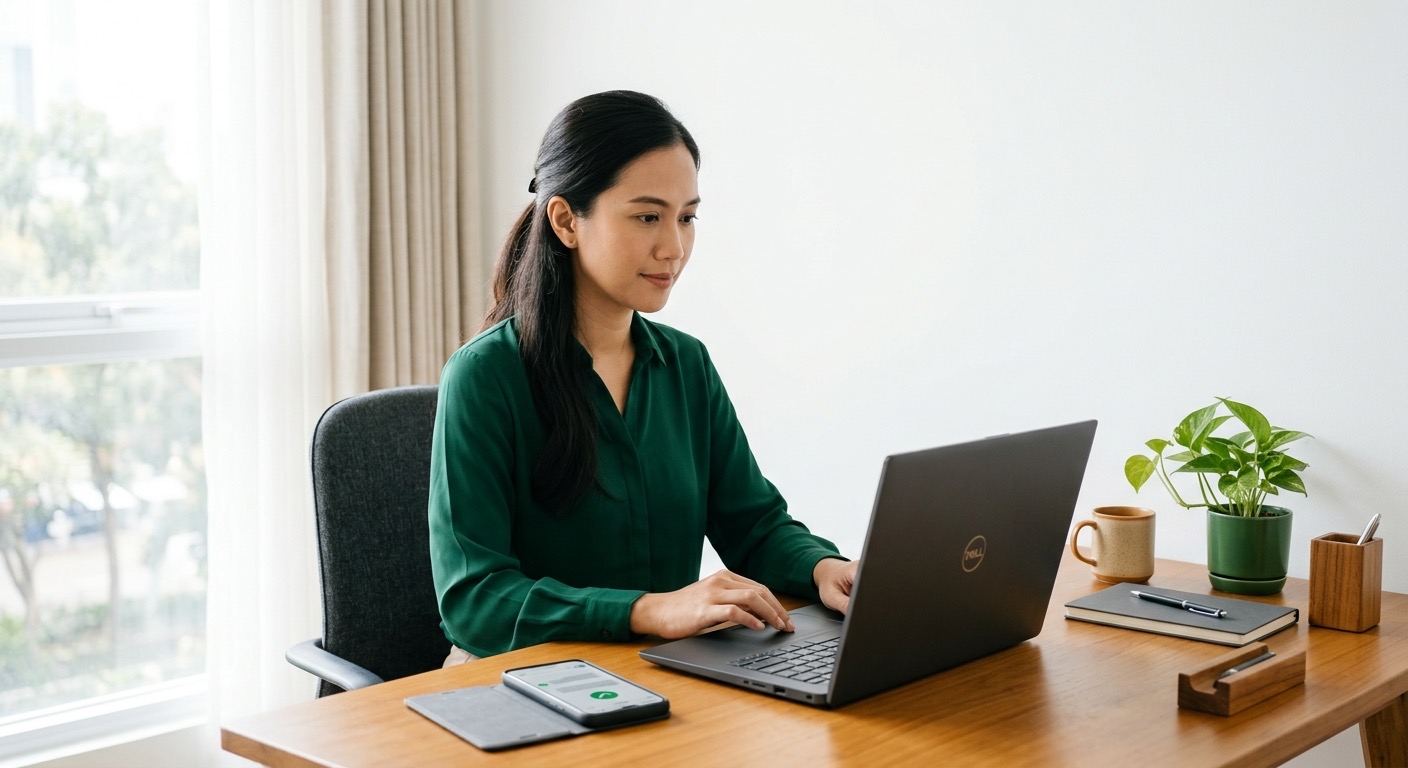 Konsultan Indonesia menyiapkan invoice di laptop; suasana tenang dan rapi.