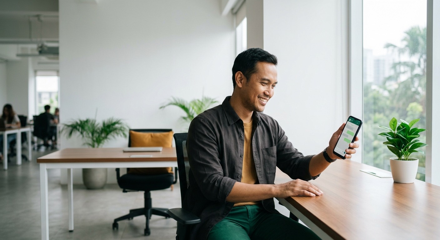Calat klien tersenyum membuka website profil praktik di ponsel; tombol chat WhatsApp tampak jelas.