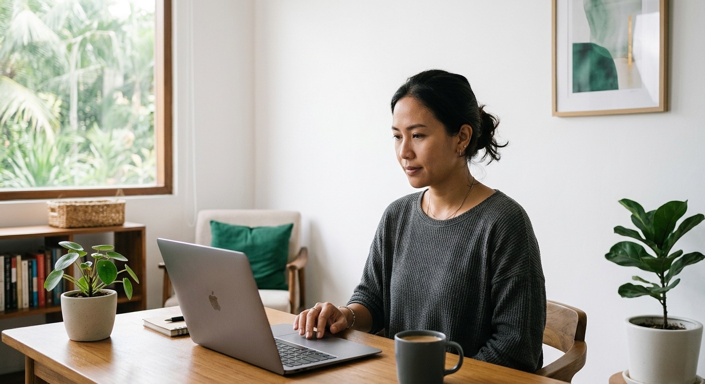Dokter Indonesia membuka website profil praktiknya di laptop; suasana tenang dan hangat.