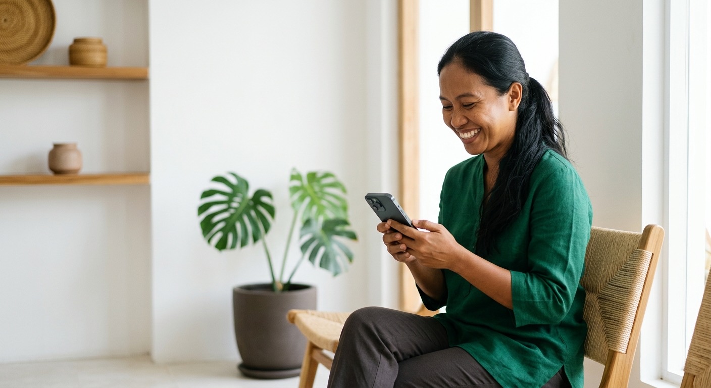 Pasien tersenyum menerima pengingat WhatsApp; kalender janji praktik rapi di laptop.