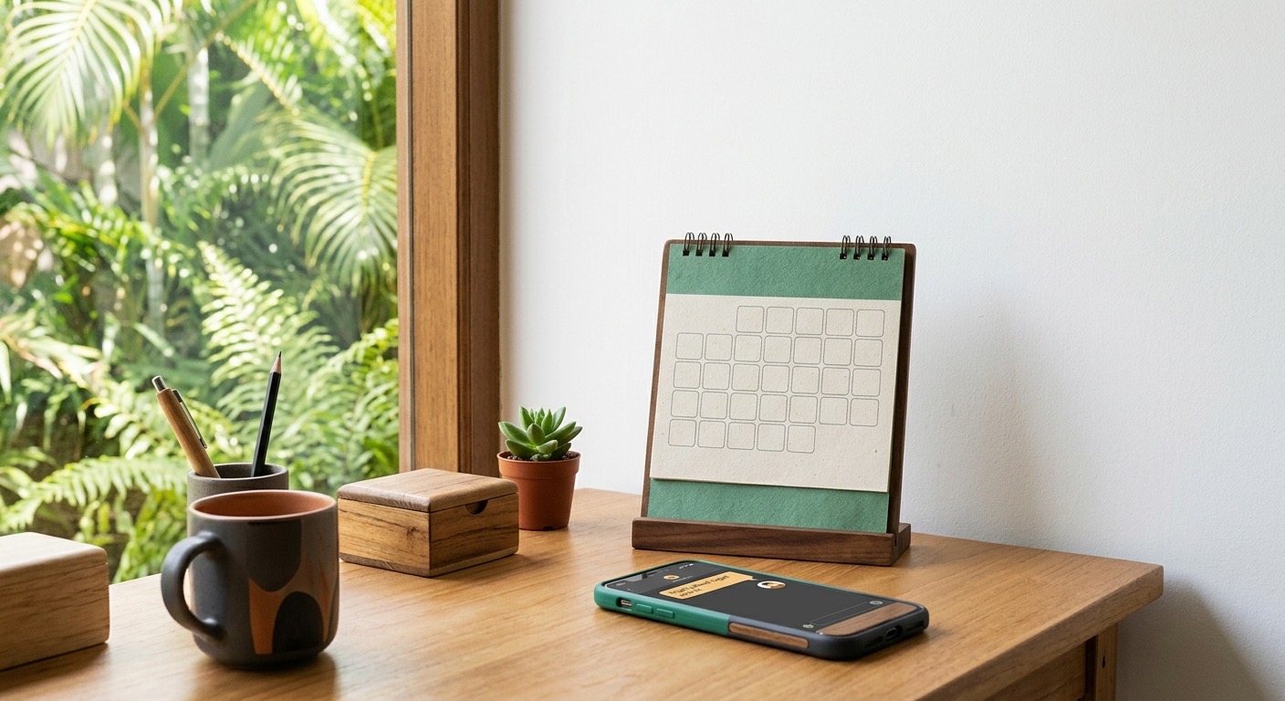 Buku jadwal kertas dengan nama yang dicoret; telepon meja resepsionis tergeletak.
