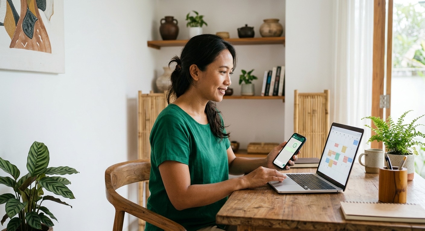 Staf praktik Indonesia memeriksa jadwal janji di laptop; ponsel menampilkan pesan WhatsApp.
